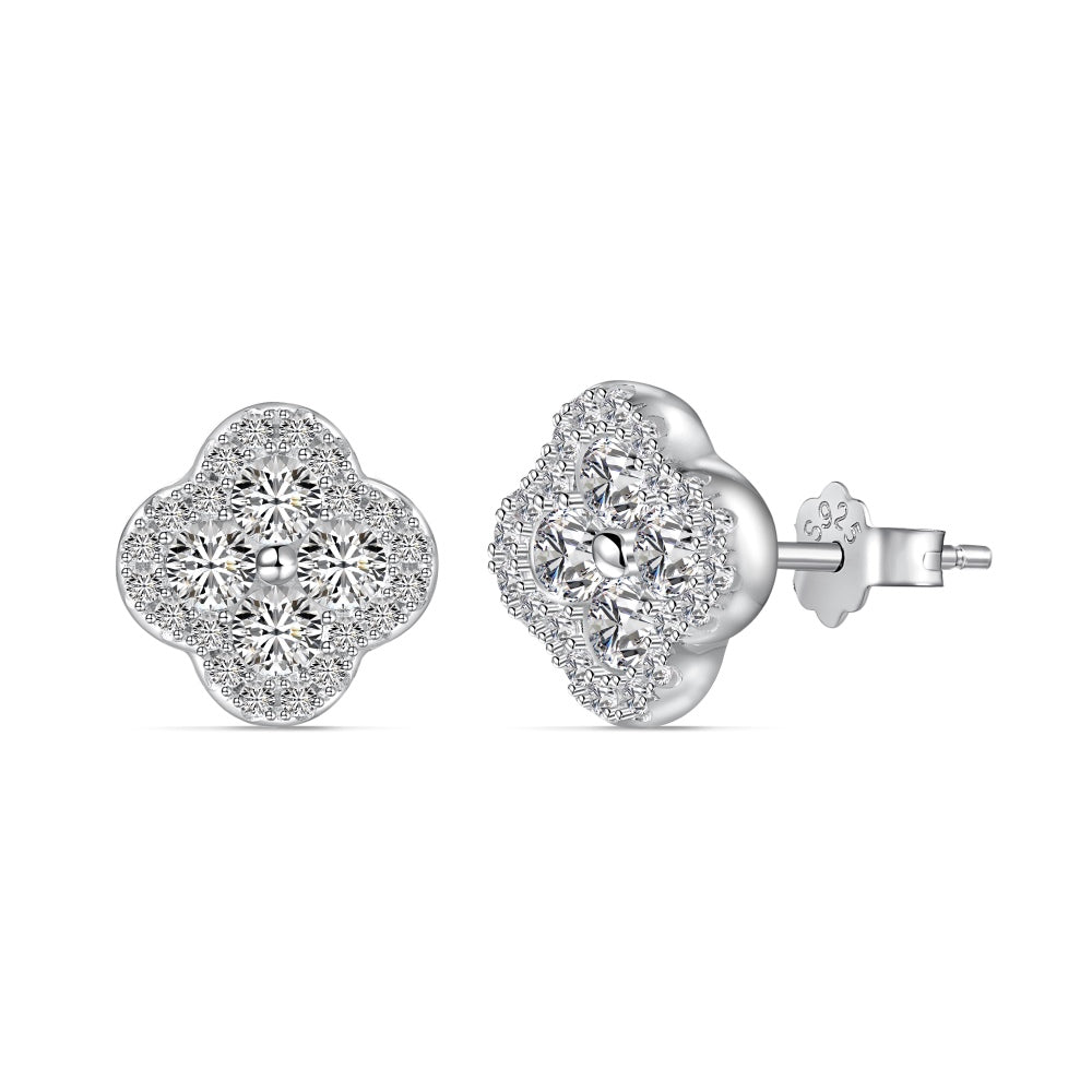 Boucles d'oreilles à tige avec quatre pétales et pierres précieuses rondes pavées de pierres précieuses