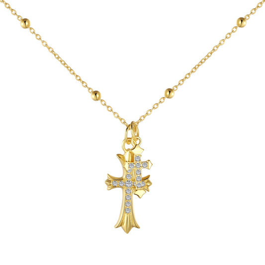 Pendentif double croix sur collier chaîne délicate